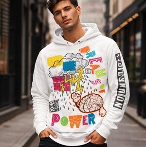 #1073 Create 2MRW White Hooded Long Sleeve Shirt with Sleeve Graphic